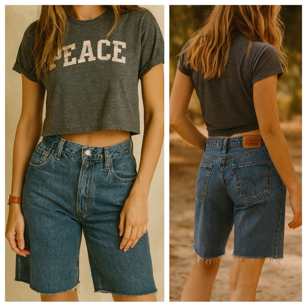 Men’s 550 Levi’s Cutoff Denim Bermuda High Waist Distressed Jeans Shorts Jorts